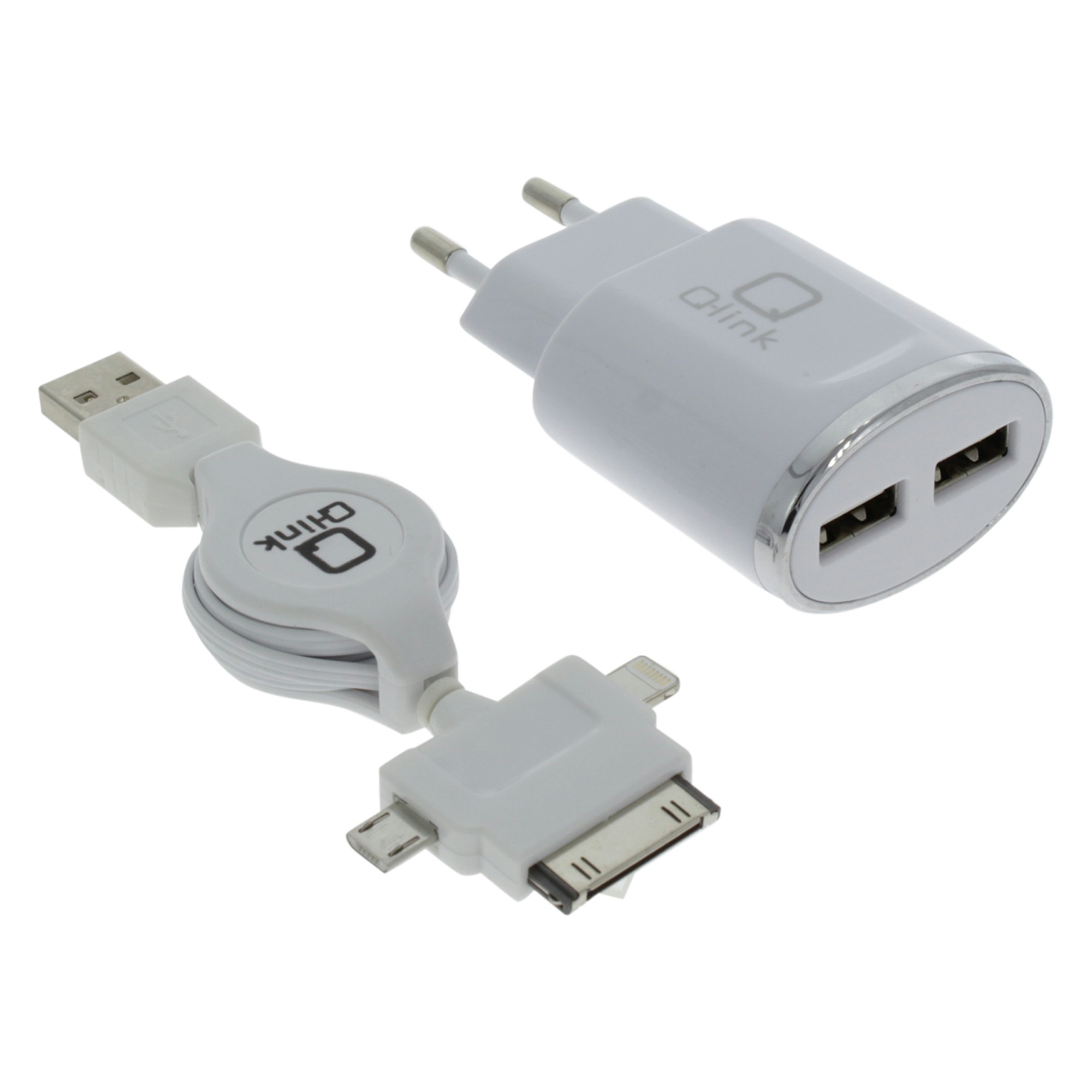 Qlink Q Link Stekkers 230V 2 Usb Met Kabelroller Micro Iphone qlink kopen in de aanbieding