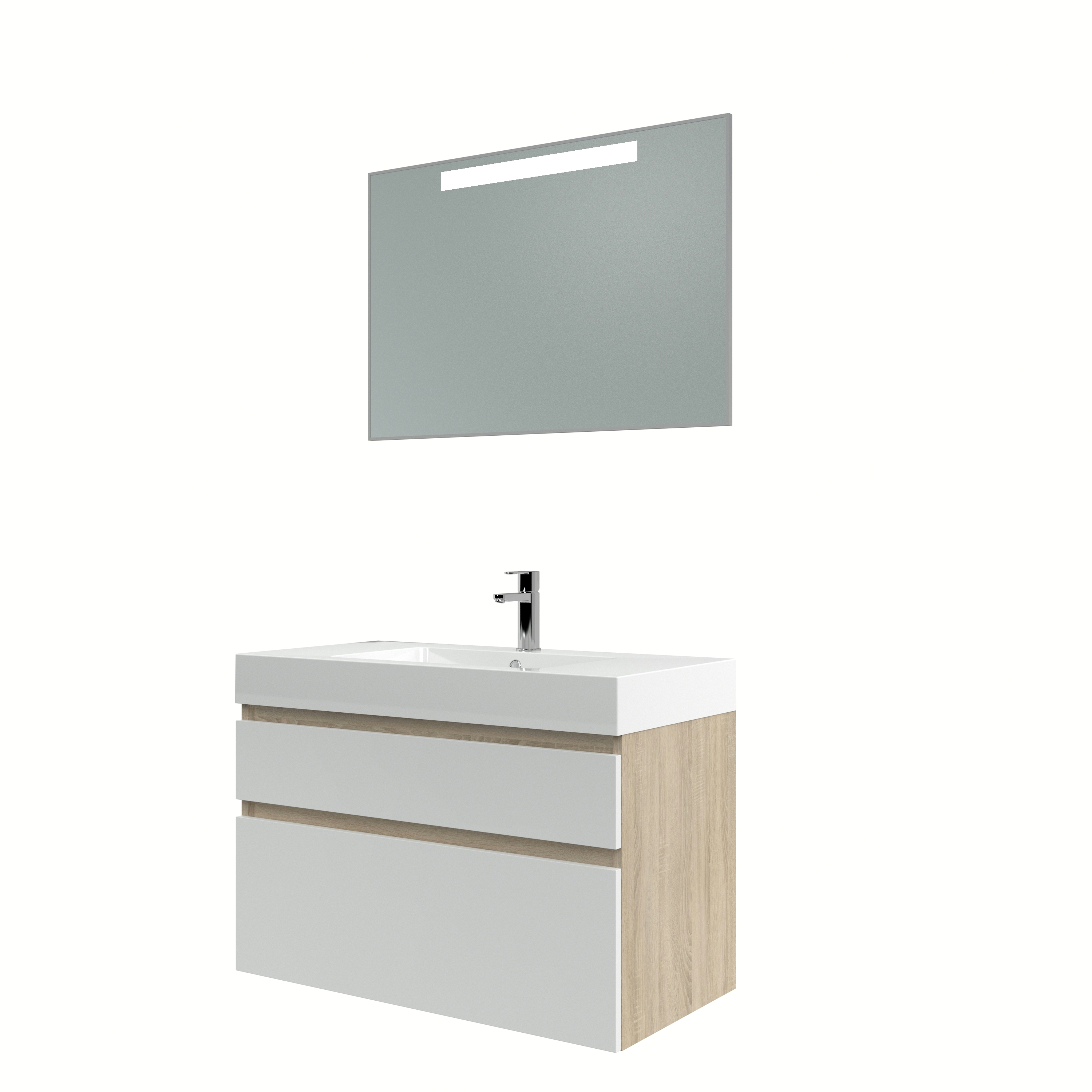 Bruynzeel Monta Badmeubelset Met Spiegel Eiken Grijshoogglans Wit 90 bruynzeel kopen in de aanbieding