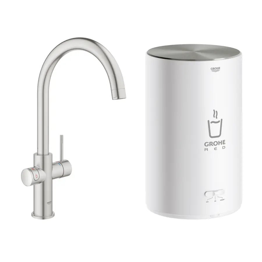 Grohe Red Compact keukenkraan met C-uitloop en 4 liter Kokend Water Boiler Supersteel