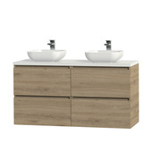 Tiger Karlo Badkamermeubelset 120 cm Chalet eik met wit houten wasblad en glanzend witte keramische waskom