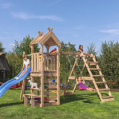 Speeltoestel Jungle Gym Teepee met blauwe glijbaan en klimrek van douglashout