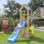 Speeltoestel Jungle Gym Patio met blauwe glijbaan van grenenhout