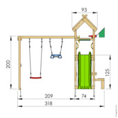 Speeltoestel Jungle Gym Totem grenen geïmpregneerd met glijbaan groen en 2-schommel module