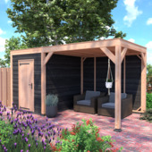 Tuinhuis met overkapping Douglas hout Zweeds rabat onbehandeld zwart 495 x 255 cm