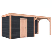 Tuinhuis met overkapping Douglas hout Zweeds rabat onbehandeld zwart 595 x 255 cm