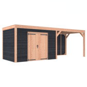 Tuinhuis met overkapping Douglas hout Zweeds rabat onbehandeld zwart 695 x 255 cm
