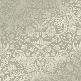 Vliesbehang William Morris at Home Strawberry Thief Fibrous Saliegroen (dessin 124237)