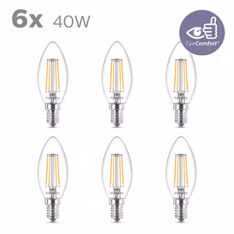Philips LED kaars E14 40W 6 stuks filament helder niet dimbaar