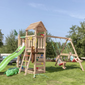 Speeltoestel Jungle Gym Safari met groene glijbaan en dubbele schommels van douglashout