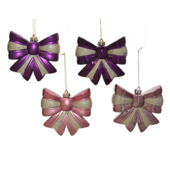 Decoris glasfiguur kersthanger strik gemengd paars roze 12 cm per stuk