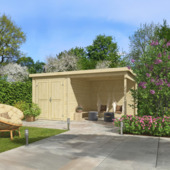 Tuinhuis met overkapping Finn vurenhout onbehandeld 450 x 250 cm