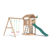 Speeltoestel Jungle Gym Cottage douglas met glijbaan donker groen en 2-schommel module