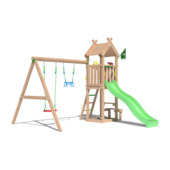 Speeltoestel Jungle Gym Totem douglas met glijbaan groen en 2-schommel module