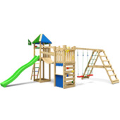 Speeltoestel Jungle Gym Explorer met groenen glijbaan en klimrek van grenenhout