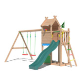 Speeltoestel Jungle Gym Resort douglas met glijbaan donker groen en 2-schommel module