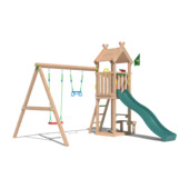 Speeltoestel Jungle Gym Totem douglas met glijbaan donker groen en 2-schommel module