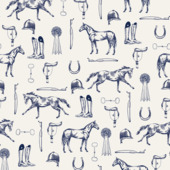 Vliesbehang Joules Equestrian paarden print Crème/Blauw 128902